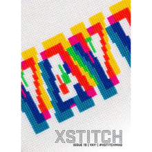Load image into Gallery viewer, Colorful cross-stitched pattern on white fabric for xstitch mag front cover.