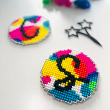 Load image into Gallery viewer, Circular Chunky Cross Stitch Coaster Kit with Yarn and Star Scissors white background
