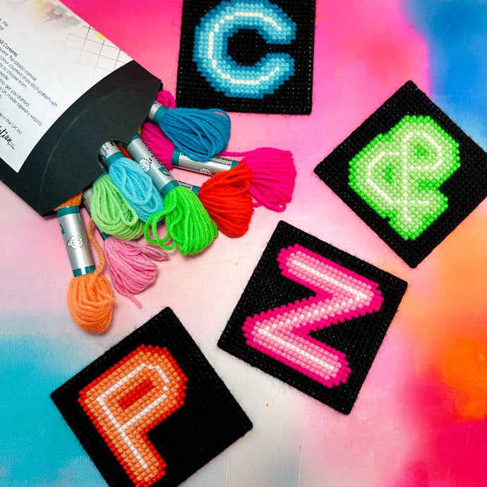 Neon Style Cross Stitch coasters