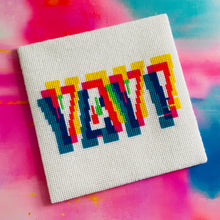 Load image into Gallery viewer, Cross-stitched colorful text on a white fabric with a multicolored background
