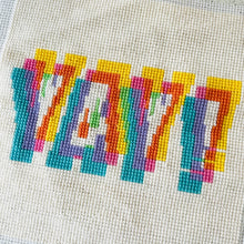Load image into Gallery viewer, Cross-stitched colorful text on fabric
